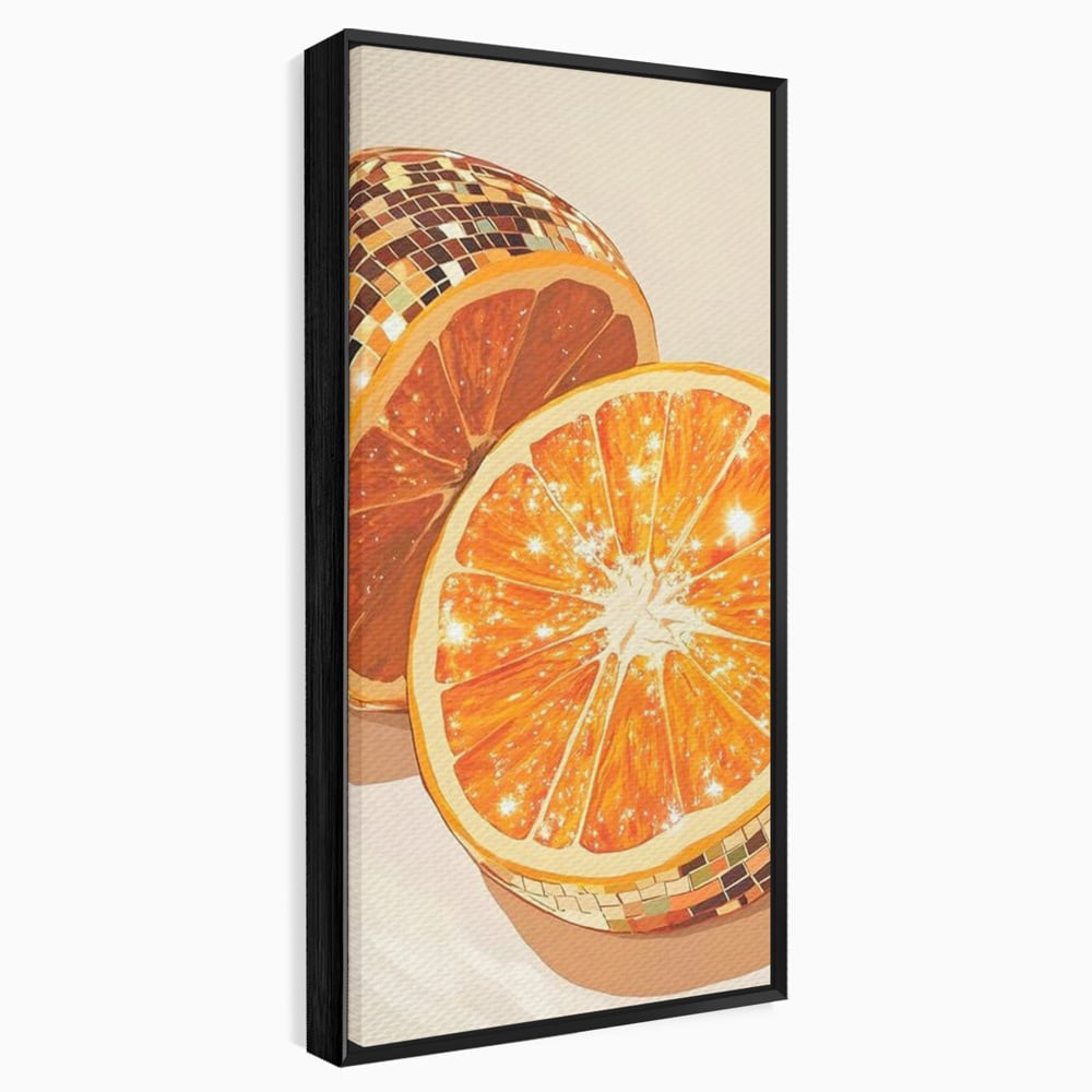 Tablou canvas cu ilustratie digitala cu felii de portocala si globuri disco, in rama de aluminiu negru